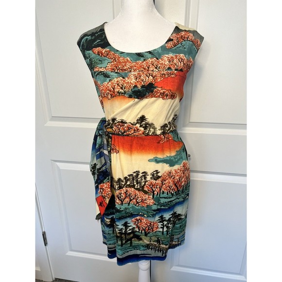 Carven Dress Asian Print Tie Wrap Scoop Neck Abstract Swoop Neck 36 8 / 10 - Picture 1 of 16